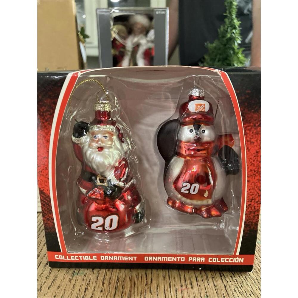 Nascar #20 Tony Stewart Santa & Snowman 3" Blown Glass Christmas Ornaments Set